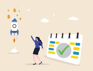 A startup or product launch symbolizing the outcome of strategic planning and hard work. Depicts an innovative venture, with a businesswoman launching a rocket, guided by a marked calendar start date.